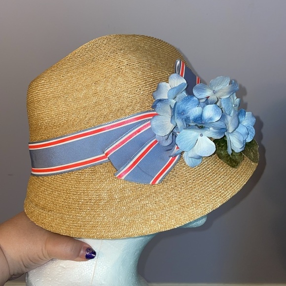 Jill Courtemanche Millinery NYC Straw Cloche Hat Flowers Ribbon Bow OS main image 9